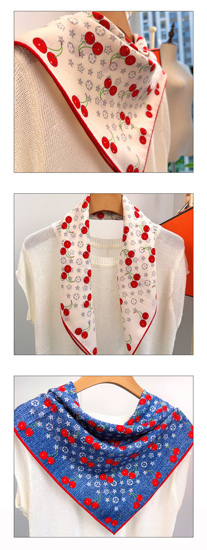 Cherry Cartoon Style Silk Scarf For Women In White, Perfect For Summer Wear