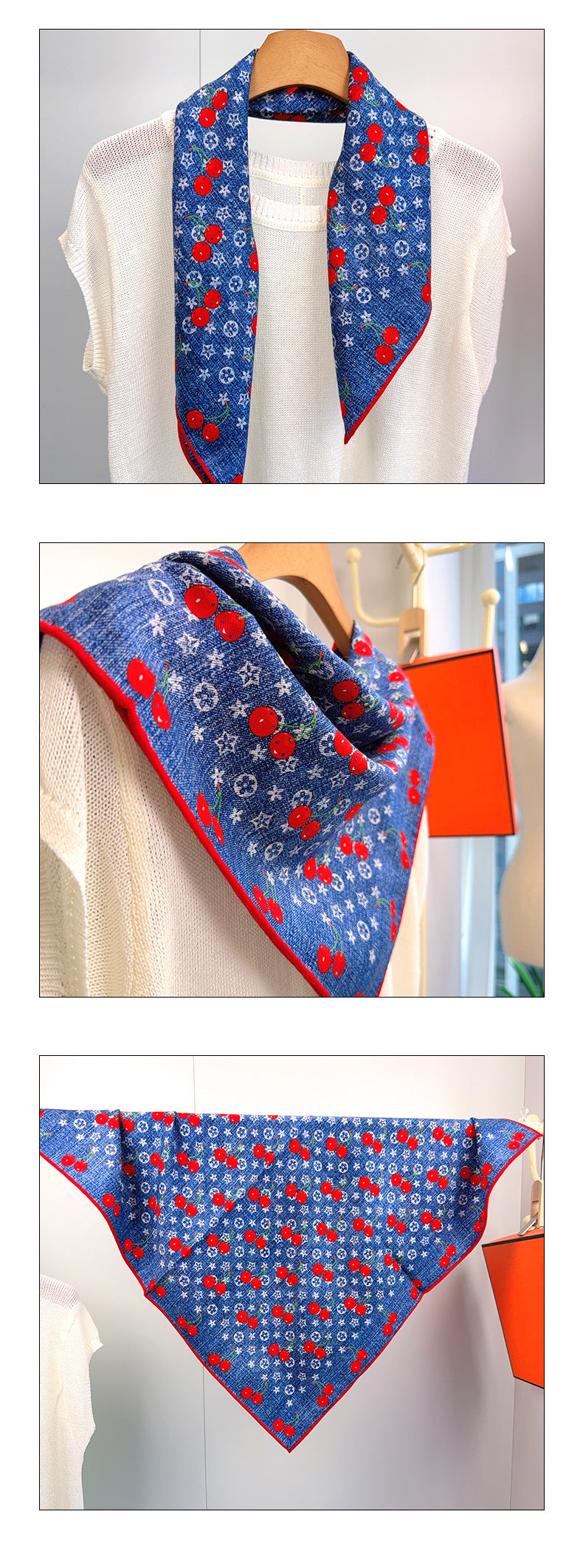 Cherry Cartoon Style Silk Scarf For Women In White, Perfect For Summer Wear