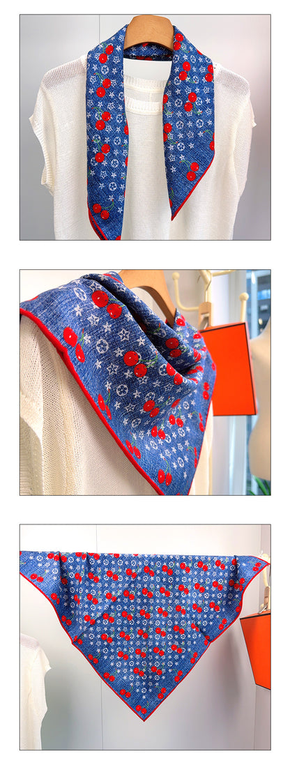 Cherry Cartoon Style Silk Scarf For Women In White, Perfect For Summer Wear