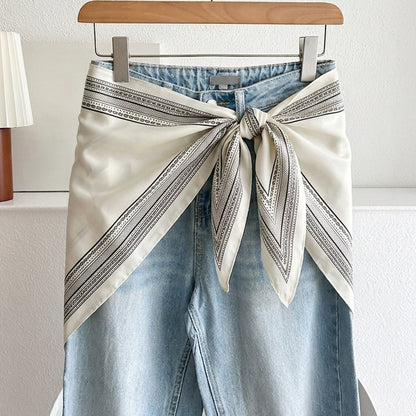 Stripe Triangle Scarf For Women In Ethnic Style, Made Of Polyester, White Color, Perfect For Autumn