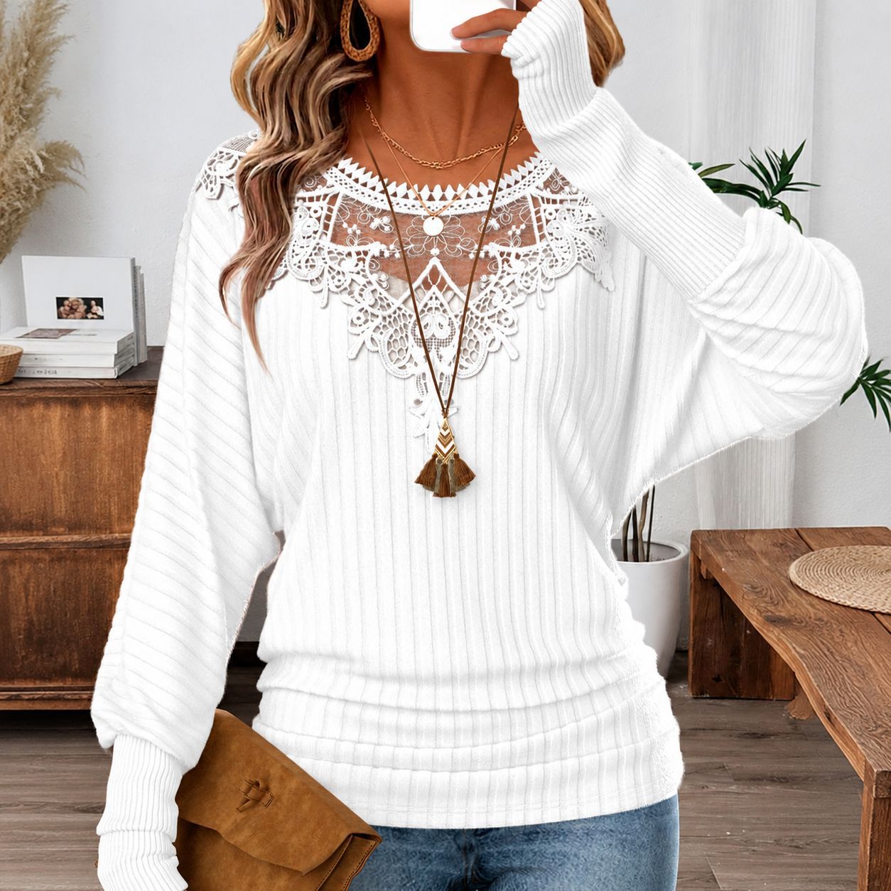 Solid Color Long Sleeve Rib Fabric Pullover Hoodie For Women With Jacquard Craft And Round Neck