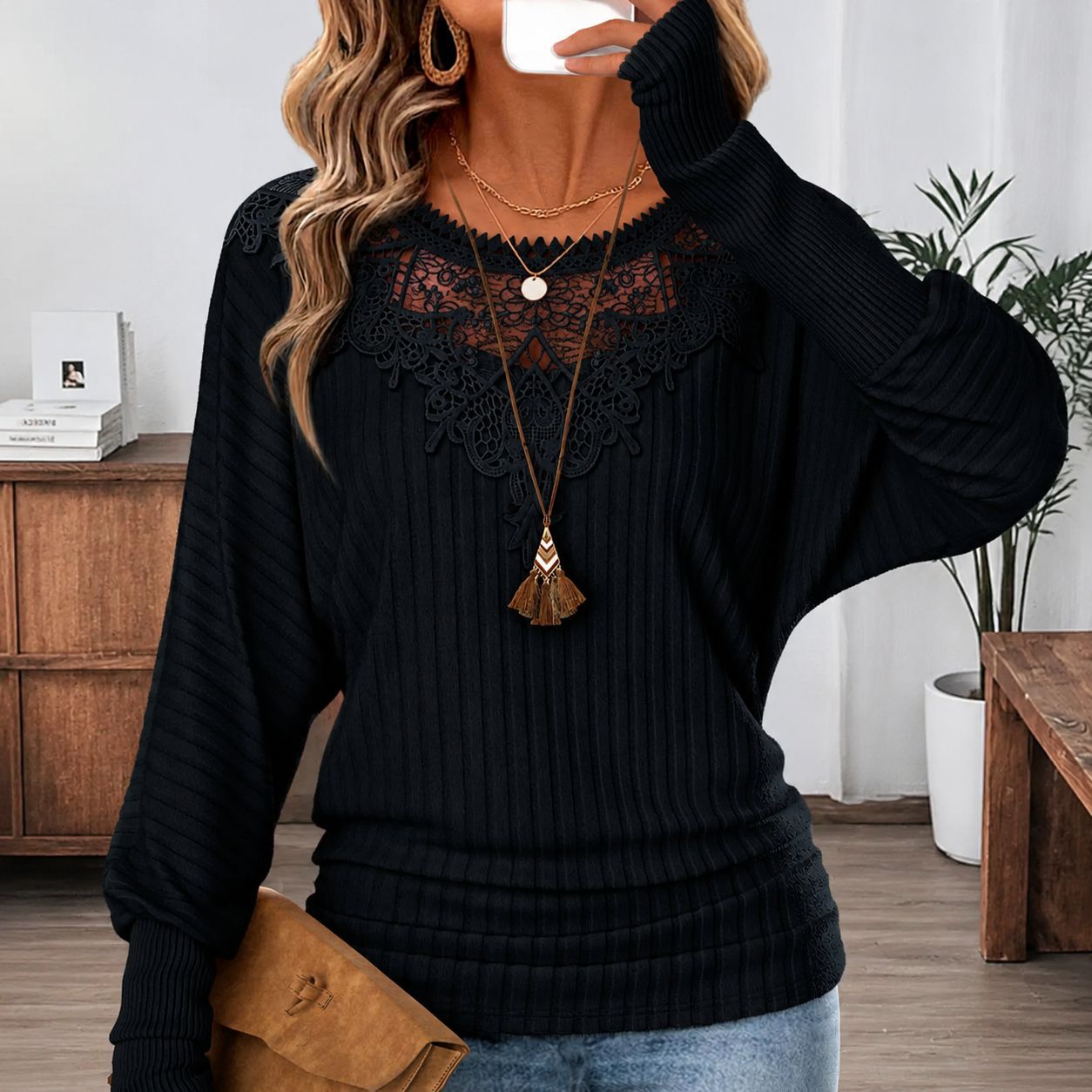 Solid Color Long Sleeve Rib Fabric Pullover Hoodie For Women With Jacquard Craft And Round Neck