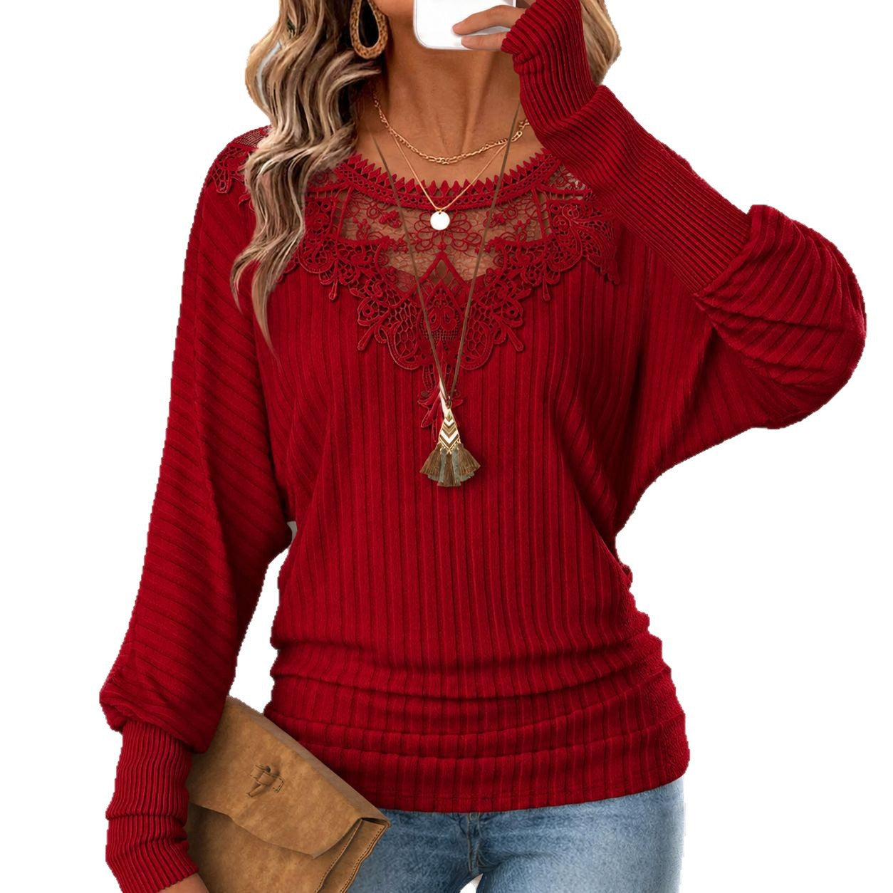 Solid Color Long Sleeve Rib Fabric Pullover Hoodie For Women With Jacquard Craft And Round Neck