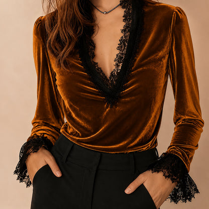 Sexy Velvet Long Sleeve Hoodie With Lace Craft Pullover For Women