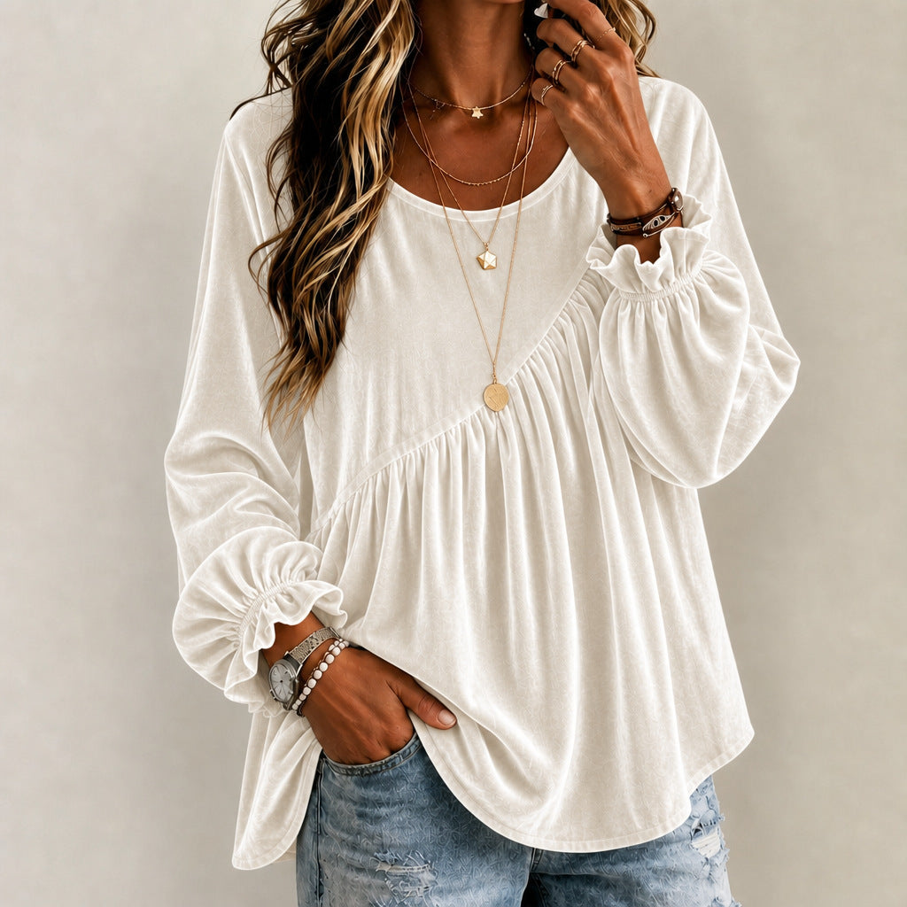 Vintage Style Solid Color Velvet Long Sleeve Hoodie For Women With Folds And Round Neck