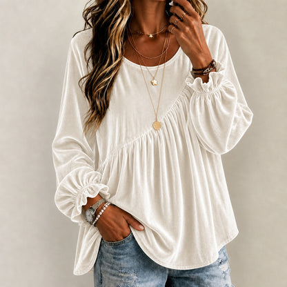 Vintage Style Solid Color Velvet Long Sleeve Hoodie For Women With Folds And Round Neck