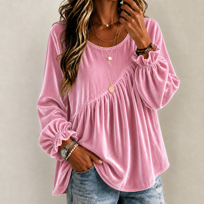 Vintage Style Solid Color Velvet Long Sleeve Hoodie For Women With Folds And Round Neck