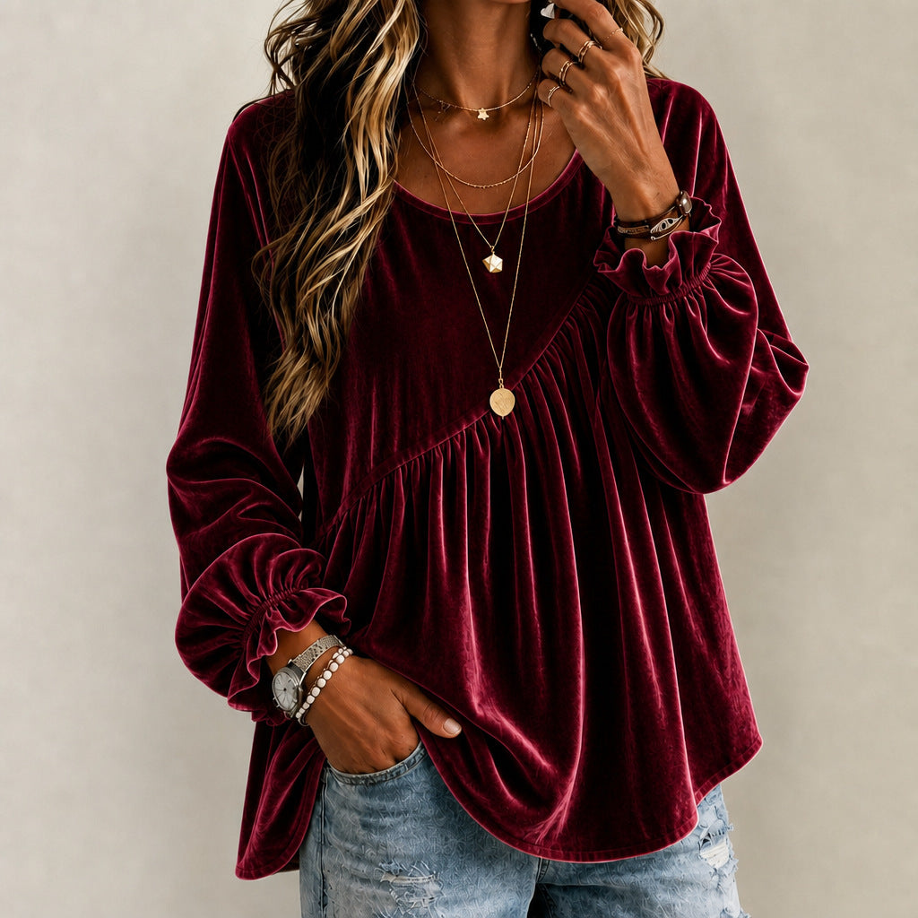 Vintage Style Solid Color Velvet Long Sleeve Hoodie For Women With Folds And Round Neck