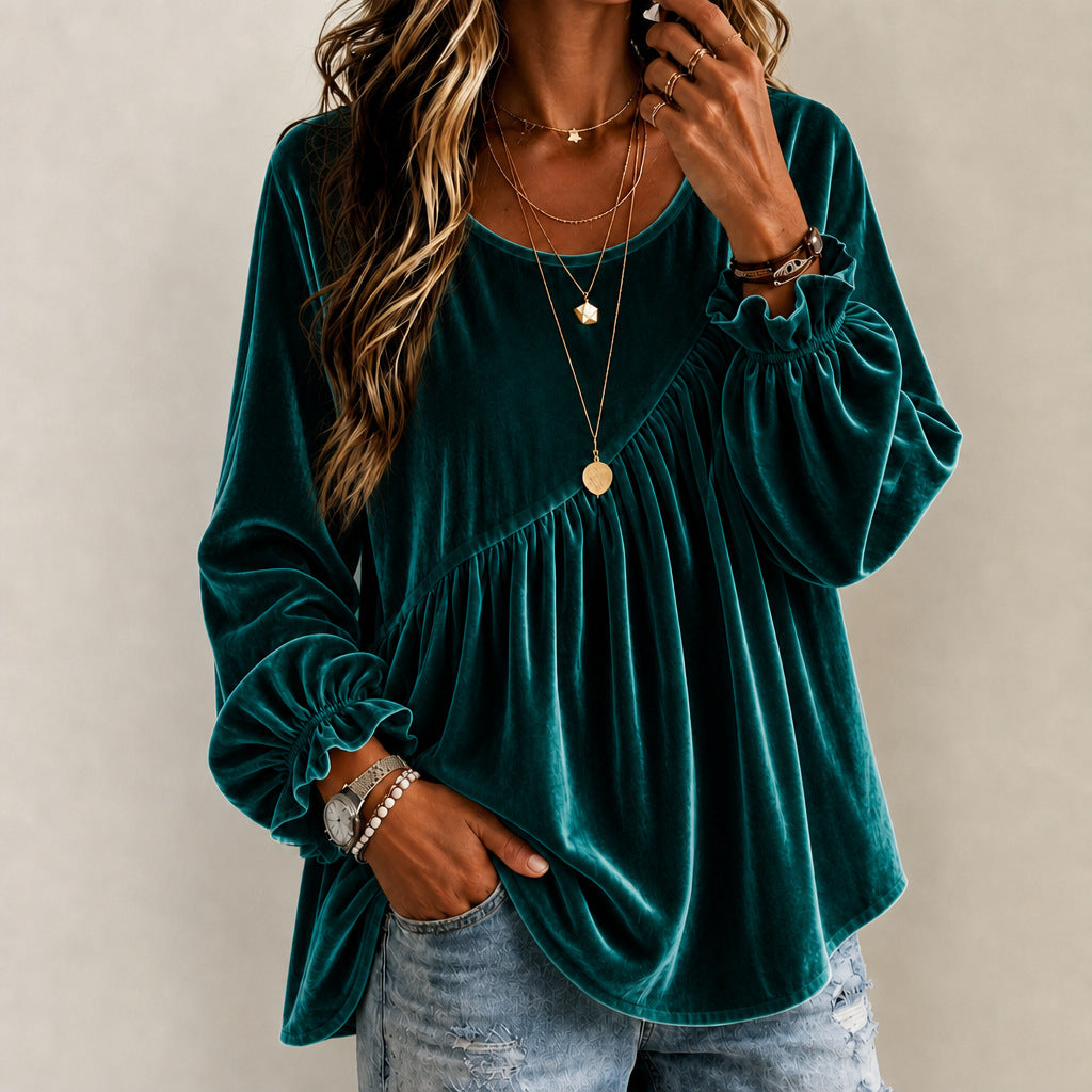 Vintage Style Solid Color Velvet Long Sleeve Hoodie For Women With Folds And Round Neck