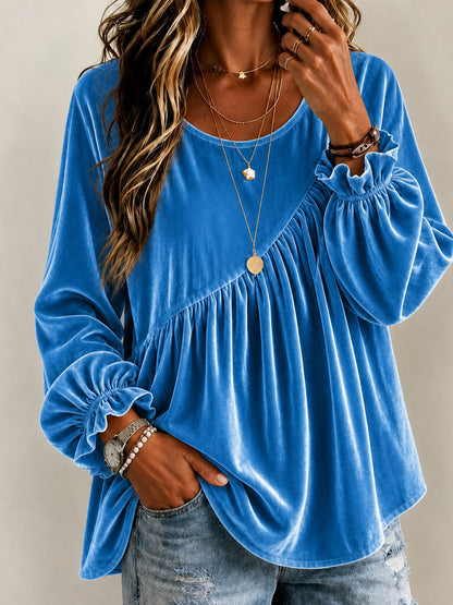 Vintage Style Solid Color Velvet Long Sleeve Hoodie For Women With Folds And Round Neck