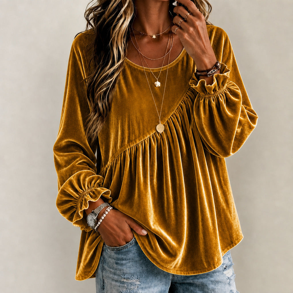 Vintage Style Solid Color Velvet Long Sleeve Hoodie For Women With Folds And Round Neck