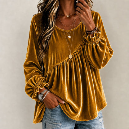 Vintage Style Solid Color Velvet Long Sleeve Hoodie For Women With Folds And Round Neck