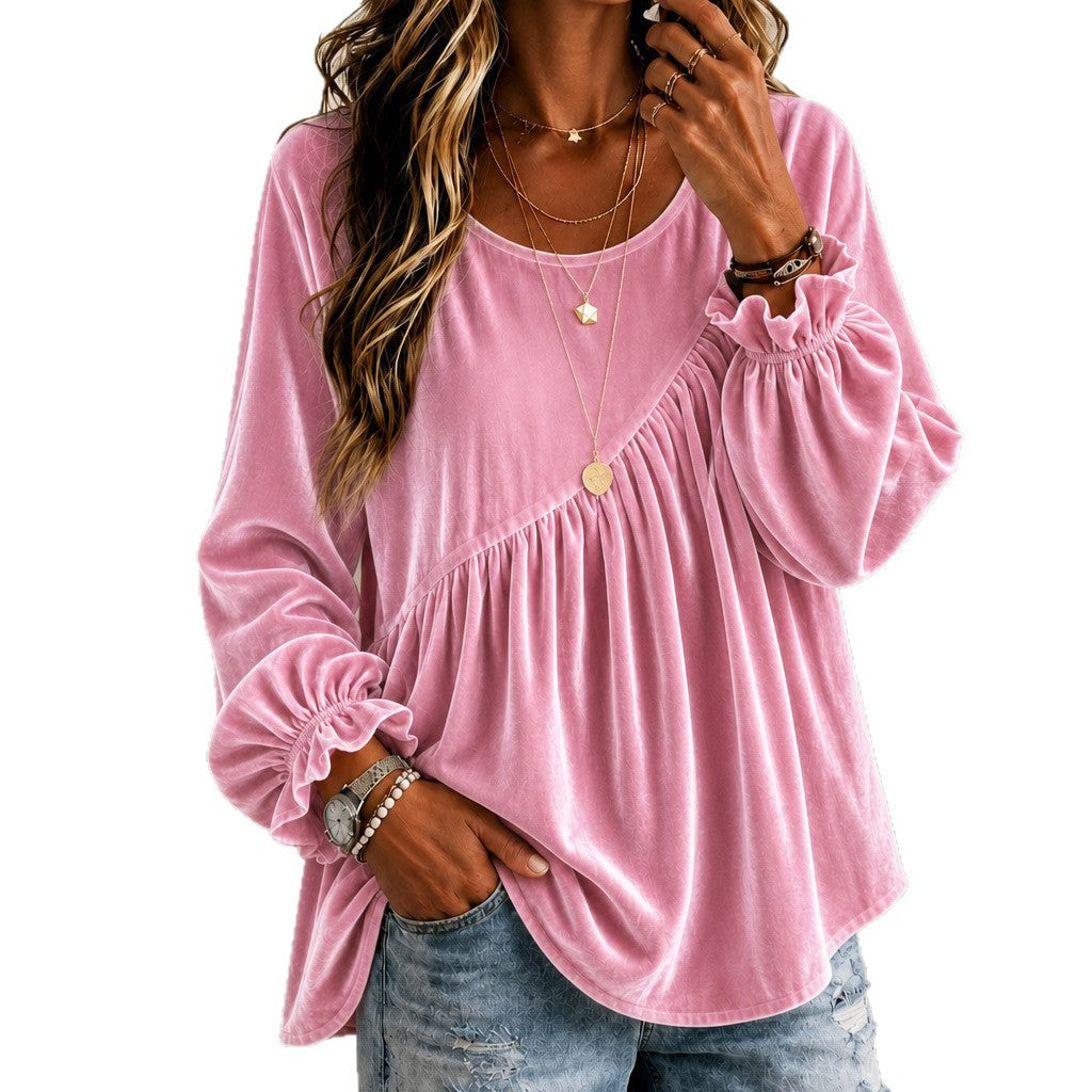 Vintage Style Solid Color Velvet Long Sleeve Hoodie For Women With Folds And Round Neck