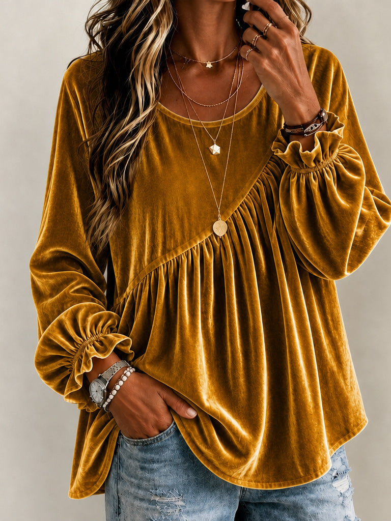 Vintage Style Solid Color Velvet Long Sleeve Hoodie For Women With Folds And Round Neck