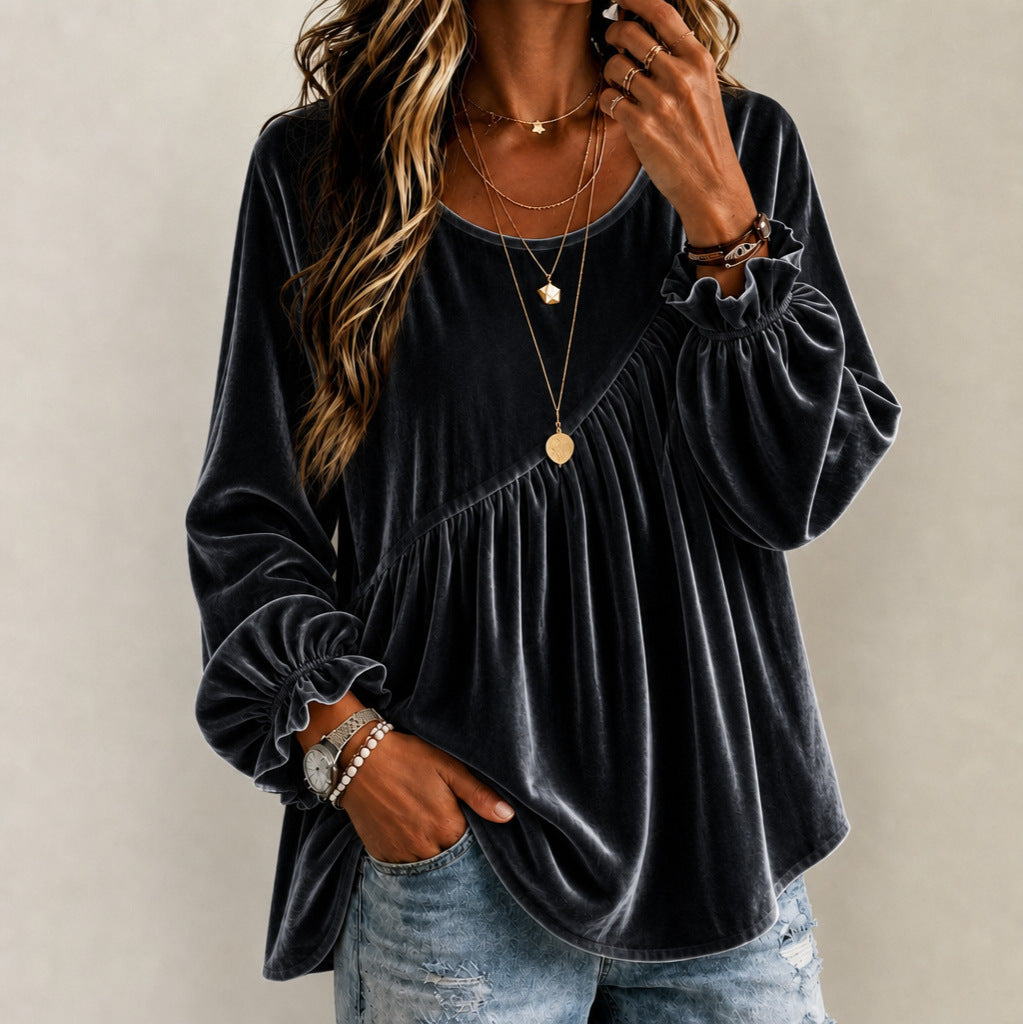 Vintage Style Solid Color Velvet Long Sleeve Hoodie For Women With Folds And Round Neck