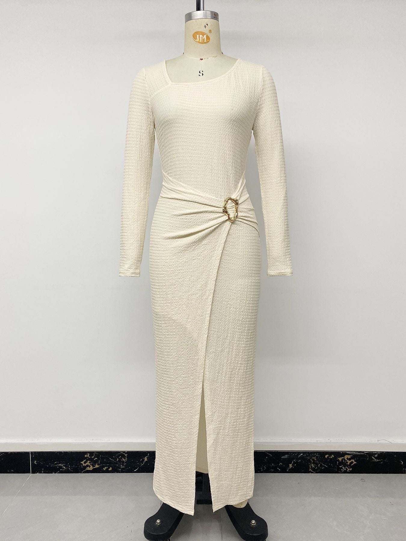 Solid Color Bodycon Dress In Knitted Fabric With Long Sleeve And Square Collar, Simple Style For Date