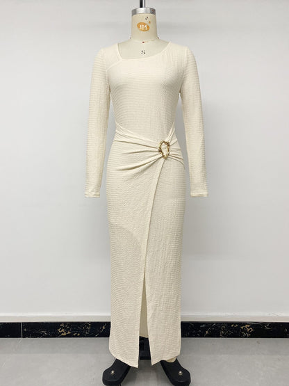Solid Color Bodycon Dress In Knitted Fabric With Long Sleeve And Square Collar, Simple Style For Date