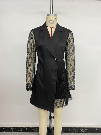Elegant Solid Color Lace Dress With Long Sleeve And Lapel Neckline In Polyester For Date Occasion