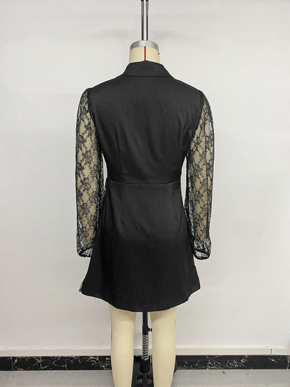 Elegant Solid Color Lace Dress With Long Sleeve And Lapel Neckline In Polyester For Date Occasion