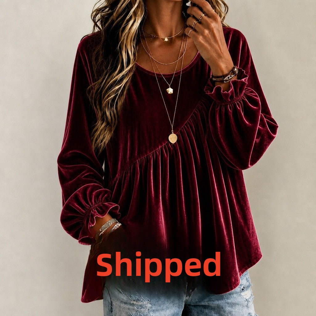 Vintage Style Solid Color Velvet Long Sleeve Hoodie For Women With Folds And Round Neck