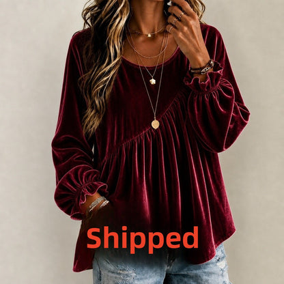 Vintage Style Solid Color Velvet Long Sleeve Hoodie For Women With Folds And Round Neck