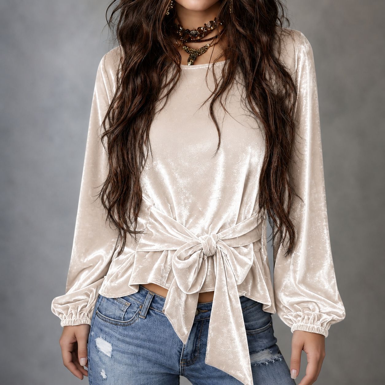 Elegant Solid Color Velvet Long Sleeve Sweatshirt For Women With Round Neck And Regular Sleeve