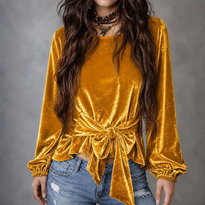 Elegant Solid Color Velvet Long Sleeve Sweatshirt For Women With Round Neck And Regular Sleeve