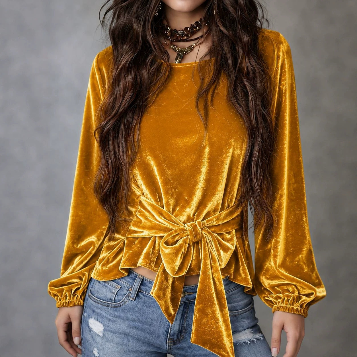 Elegant Solid Color Velvet Long Sleeve Sweatshirt For Women With Round Neck And Regular Sleeve