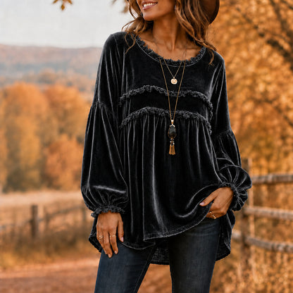 Vintage Style Tie Dye Velvet Long Sleeve Pullover Hoodie For Women With Tassel Detail