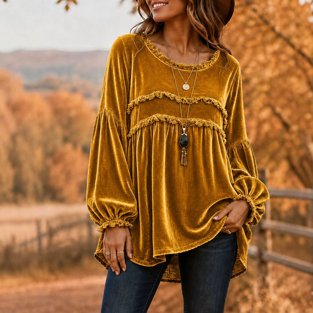 Vintage Style Tie Dye Velvet Long Sleeve Pullover Hoodie For Women With Tassel Detail