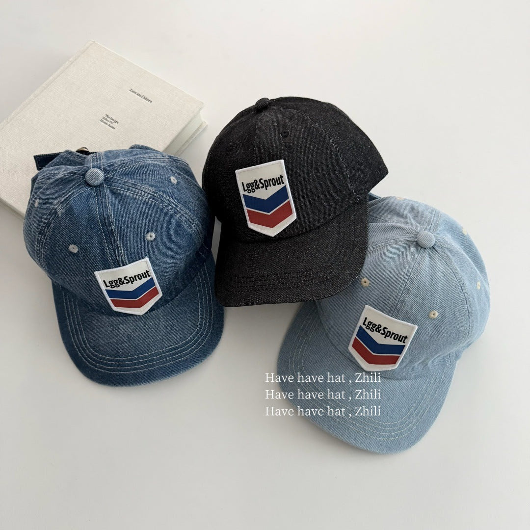 Retro Unisex Baseball Cap With Curved Brim, Denim Material Featuring Appliques And UV Protection