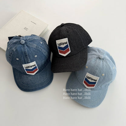 Retro Unisex Baseball Cap With Curved Brim, Denim Material Featuring Appliques And UV Protection
