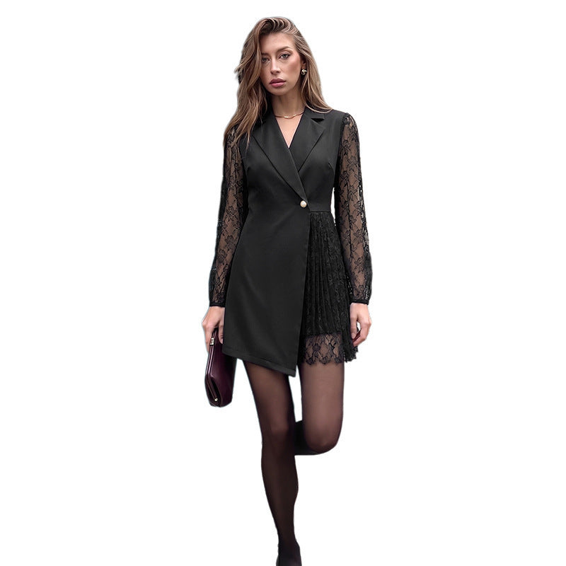 Elegant Solid Color Lace Dress With Lapel Neckline And Long Sleeves, Made Of Polyester, Perfect For Date