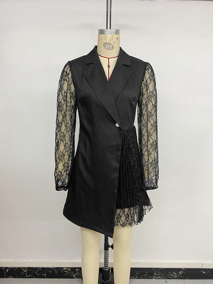 Elegant Solid Color Lace Dress With Lapel Neckline And Long Sleeves, Made Of Polyester, Perfect For Date