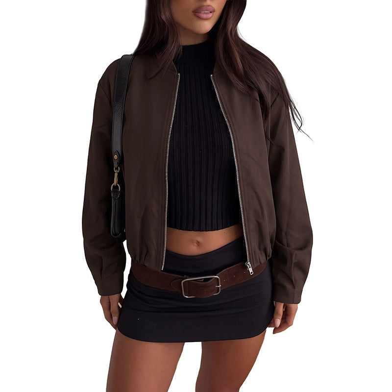 Solid Color Streetwear Coat With Zipper Placket, Featuring Patchwork Craftsmanship In Polyester Fabric And Standing Collar