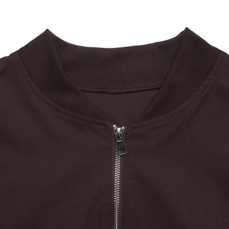 Solid Color Streetwear Coat With Zipper Placket, Featuring Patchwork Craftsmanship In Polyester Fabric And Standing Collar