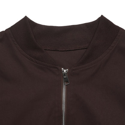 Solid Color Streetwear Coat With Zipper Placket, Featuring Patchwork Craftsmanship In Polyester Fabric And Standing Collar