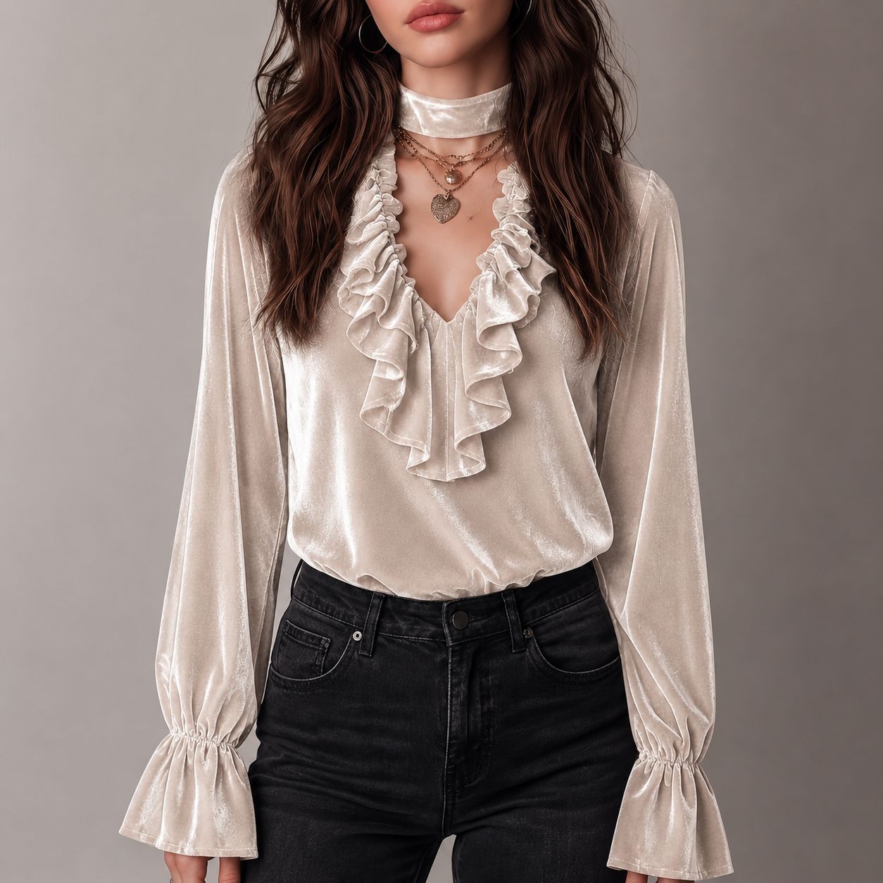 Elegant Solid Color Velvet Long Sleeve Women's Sweatshirt With Ruffles And Tie Closure