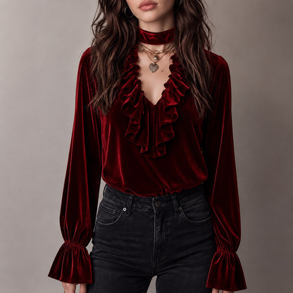 Elegant Solid Color Velvet Long Sleeve Women's Sweatshirt With Ruffles And Tie Closure
