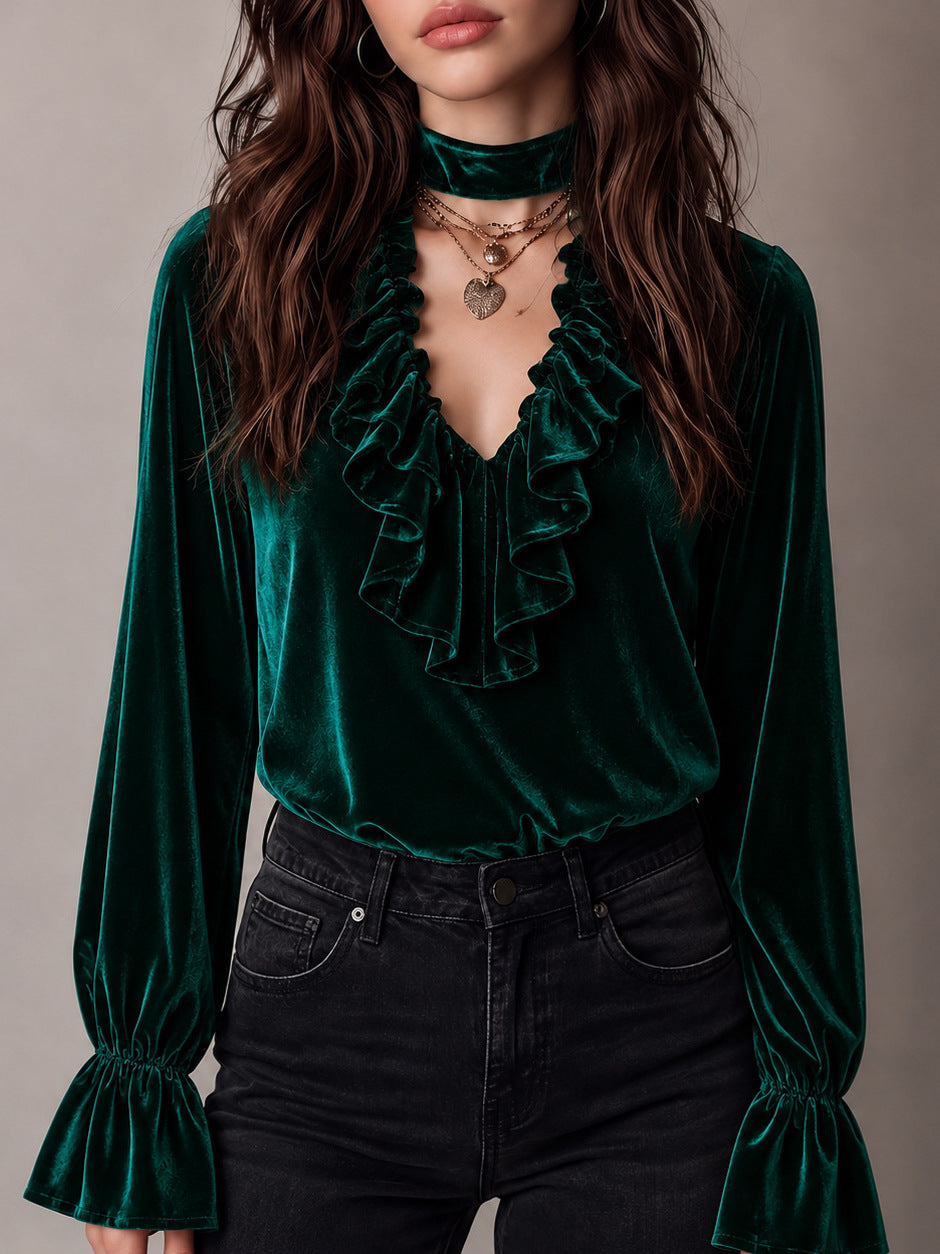 Elegant Solid Color Velvet Long Sleeve Women's Sweatshirt With Ruffles And Tie Closure