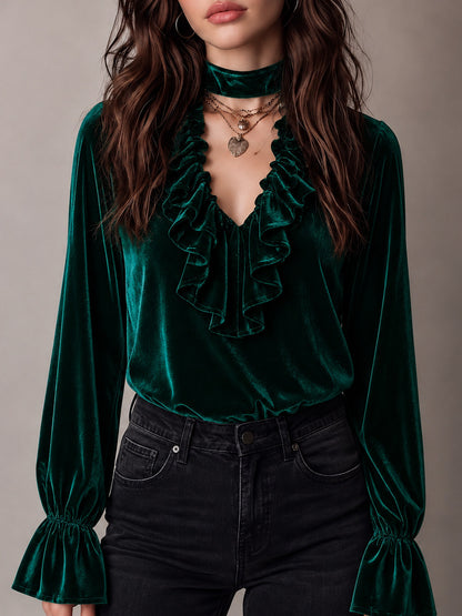 Elegant Solid Color Velvet Long Sleeve Women's Sweatshirt With Ruffles And Tie Closure
