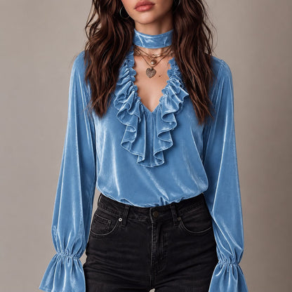 Elegant Solid Color Velvet Long Sleeve Women's Sweatshirt With Ruffles And Tie Closure