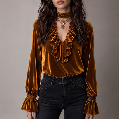 Elegant Solid Color Velvet Long Sleeve Women's Sweatshirt With Ruffles And Tie Closure