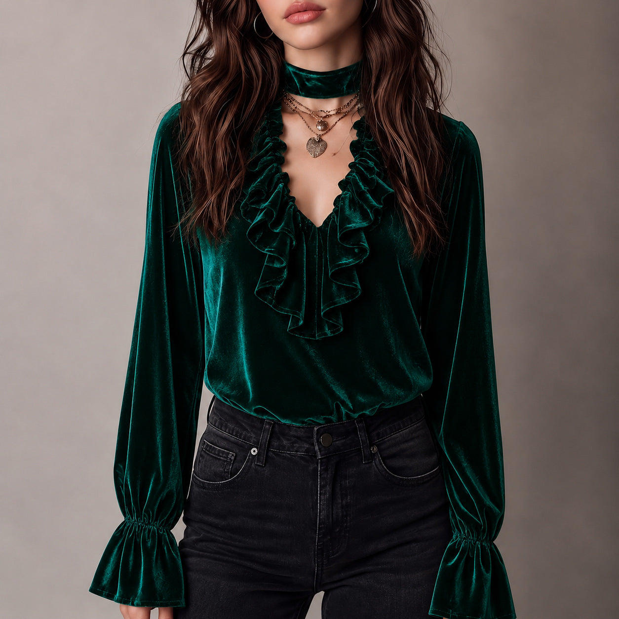 Elegant Solid Color Velvet Long Sleeve Women's Sweatshirt With Ruffles And Tie Closure