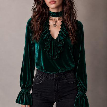 Elegant Solid Color Velvet Long Sleeve Women's Sweatshirt With Ruffles And Tie Closure