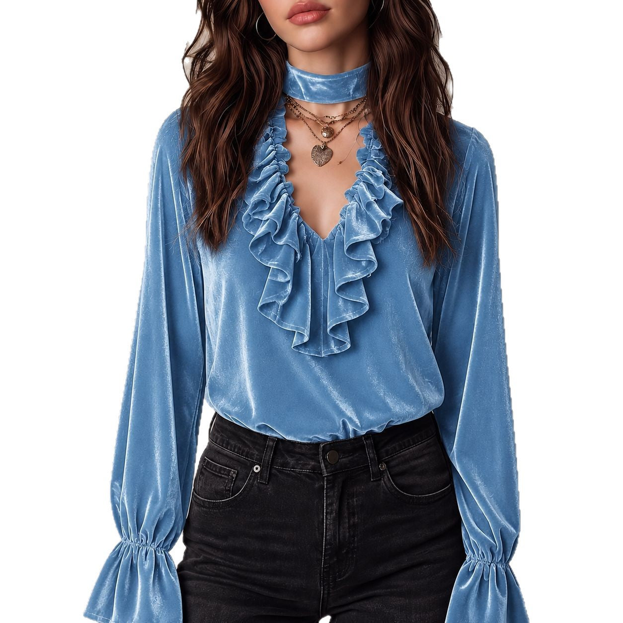 Elegant Solid Color Velvet Long Sleeve Women's Sweatshirt With Ruffles And Tie Closure