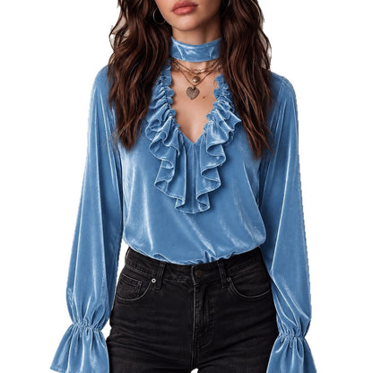 Elegant Solid Color Velvet Long Sleeve Women's Sweatshirt With Ruffles And Tie Closure