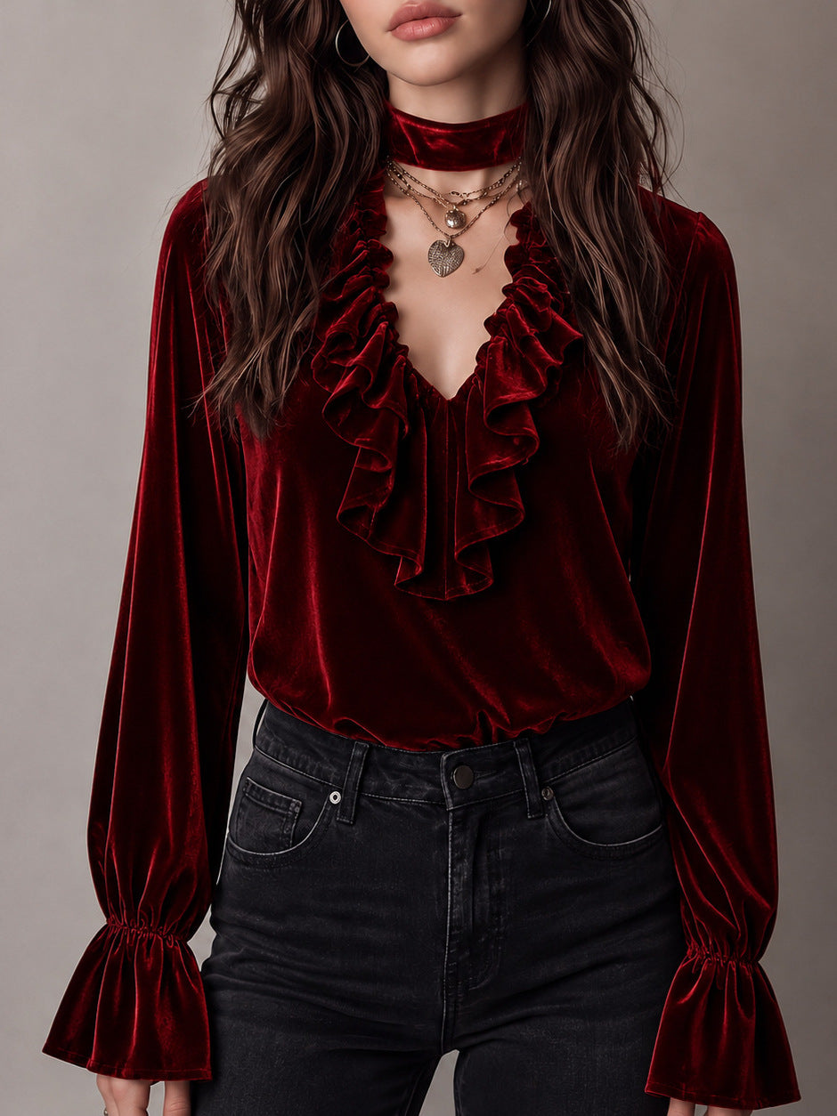 Elegant Solid Color Velvet Long Sleeve Women's Sweatshirt With Ruffles And Tie Closure