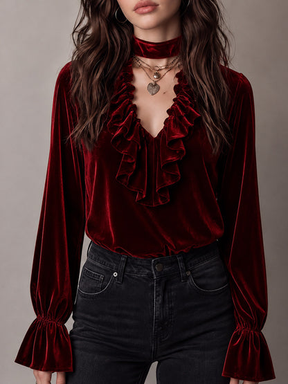 Elegant Solid Color Velvet Long Sleeve Women's Sweatshirt With Ruffles And Tie Closure