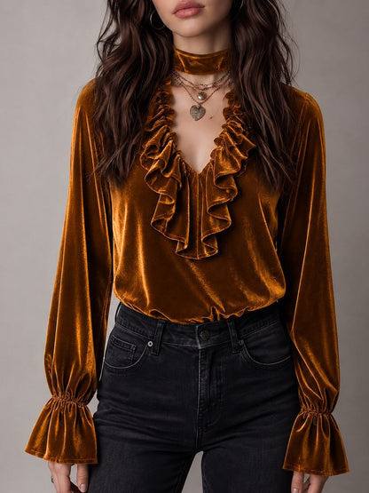 Elegant Solid Color Velvet Long Sleeve Women's Sweatshirt With Ruffles And Tie Closure
